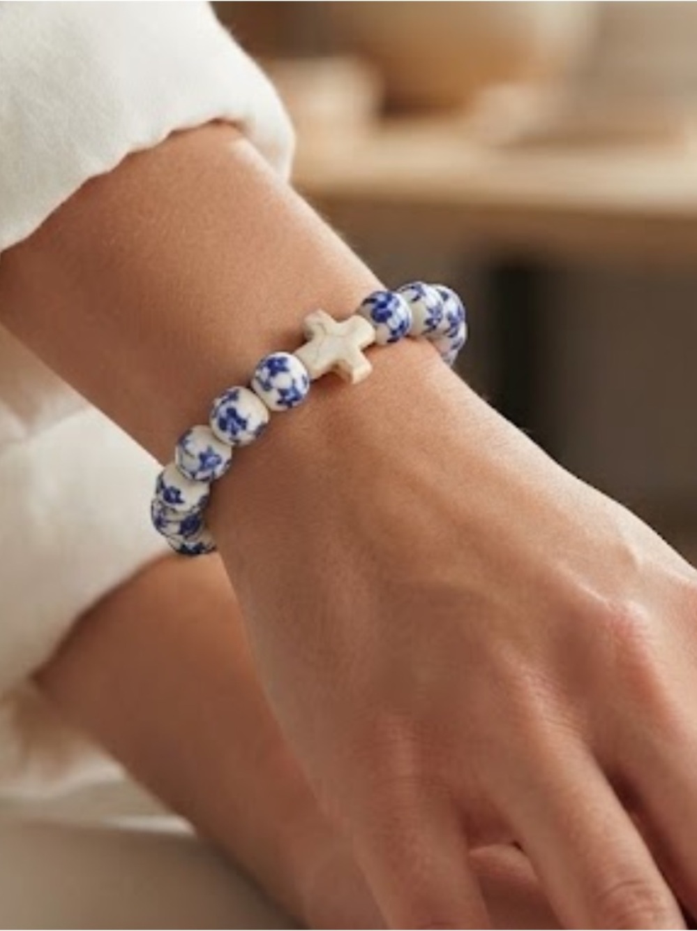 Blue White Chinoiserie Cross Bracelet Christian Faith Religious Jewelry